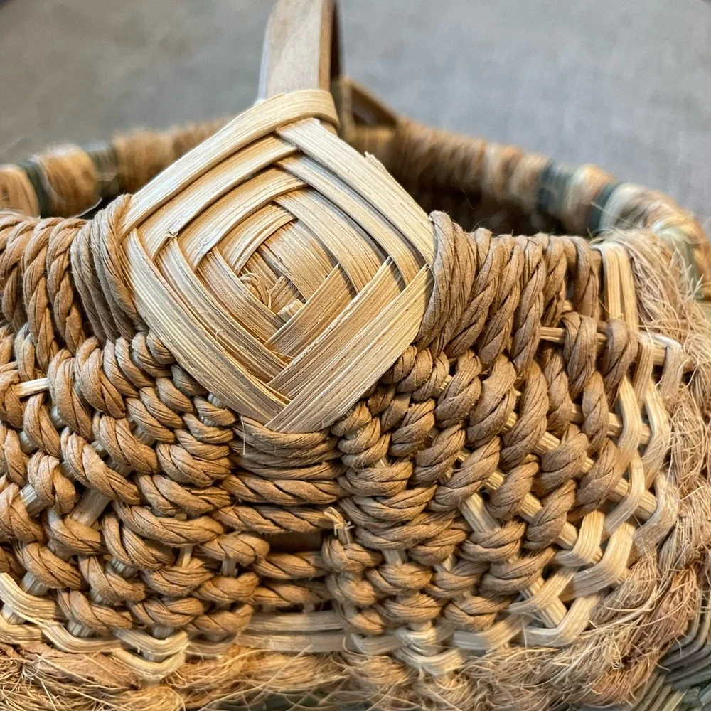 Handwoven Tri color Egg/Butt God’s Eye Gathering Basket bamboo rope Raffeta 10”